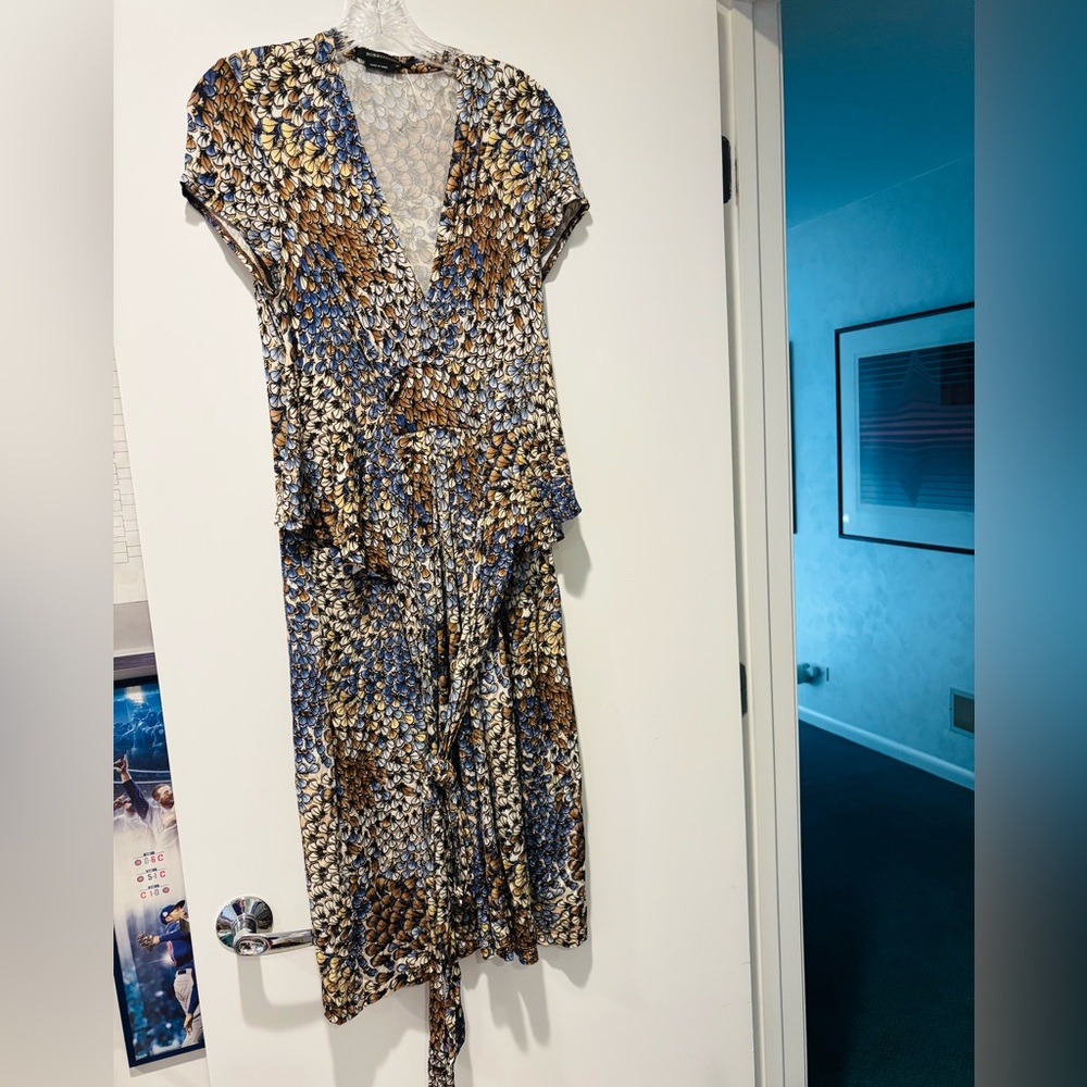 BCBGMaxAzria Asymmetrical Dress in Blue, Brown, and Cream